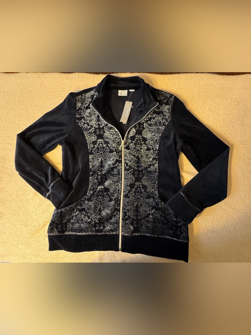 Chico's Black Velvet Zip Jacket with Silver Damask Panels